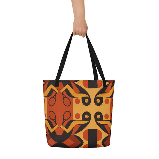 Tote bag with abstract design held by a person on a white background