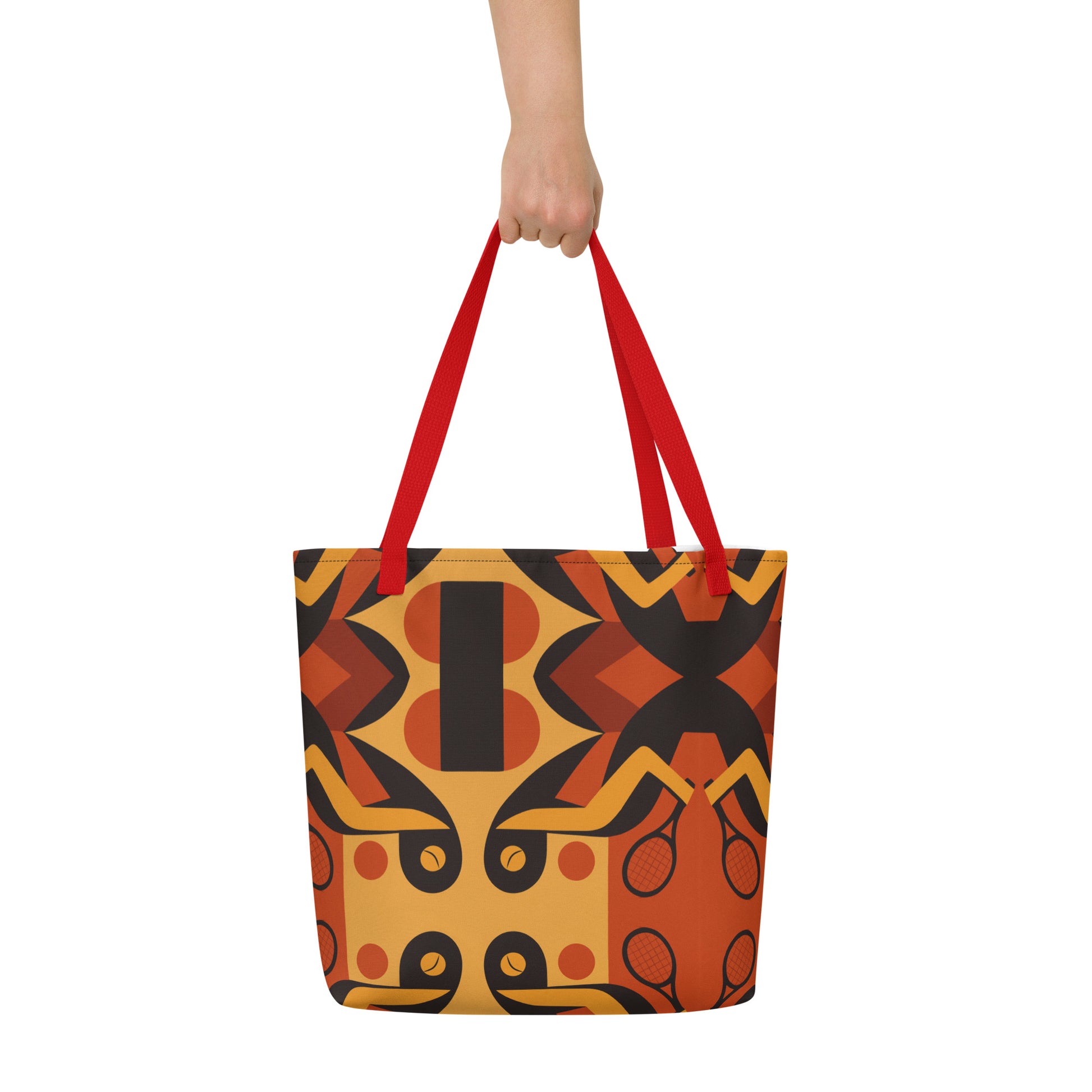 Tote bag with a colorful pattern held by a hand on a white background