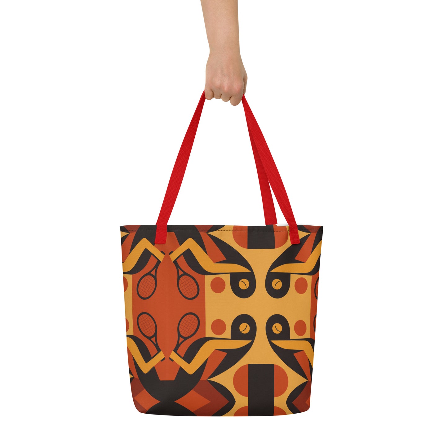 Tote bag with red handles and a colorful abstract design on a white background