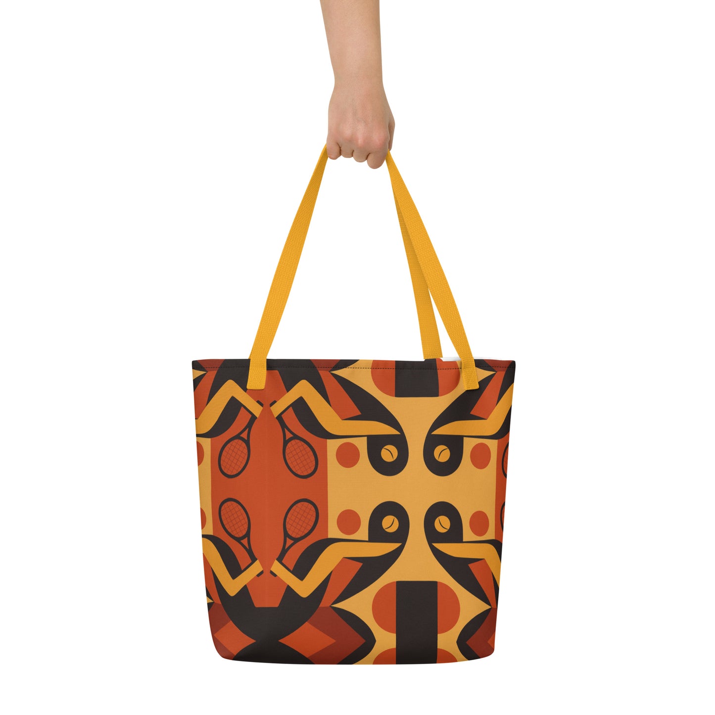 Tote bag with abstract design held by a person on a white background