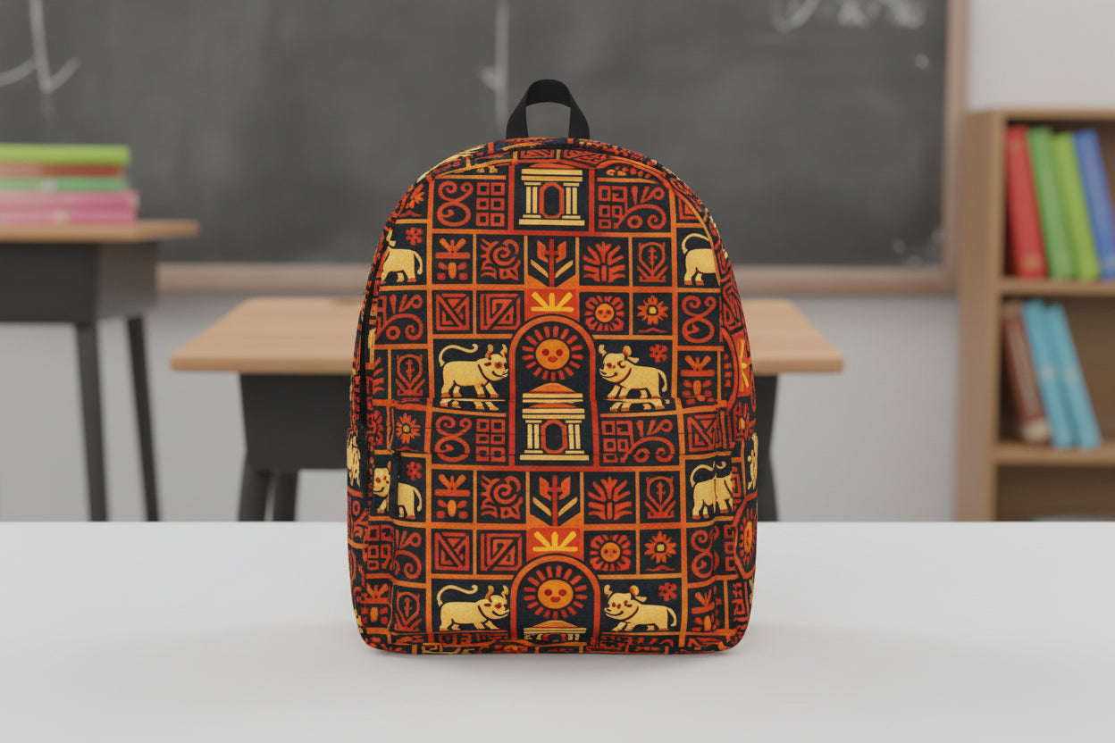 Person holding a patterned backpack on a white background