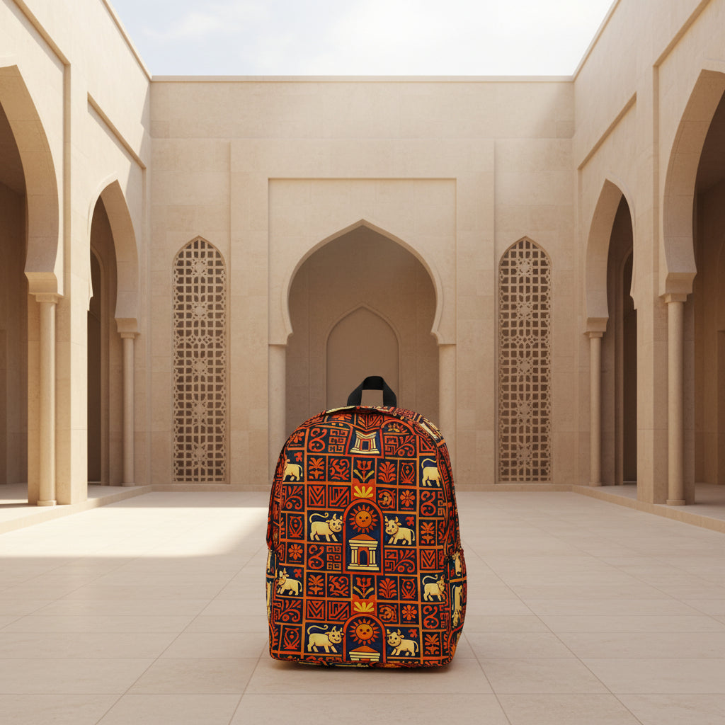 Person wearing a colorful backpack with geometric pattern on a white background