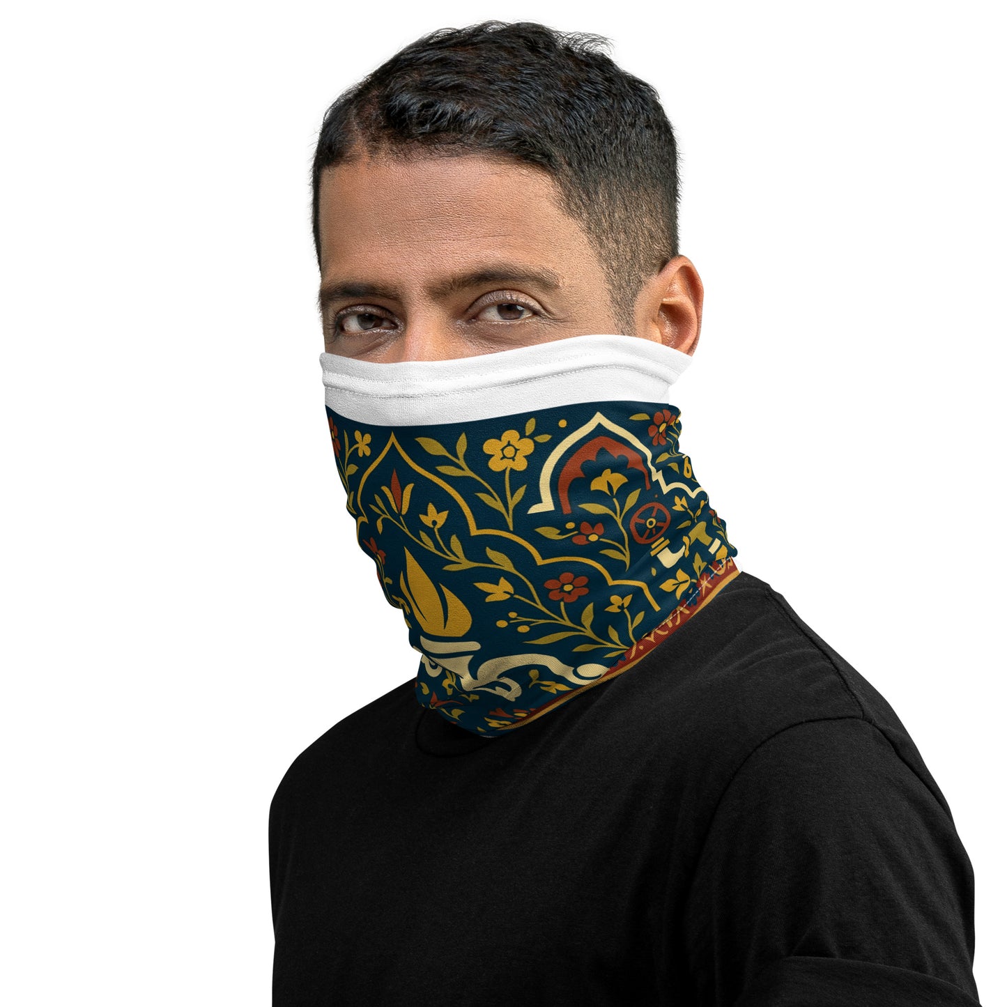 Man wearing a patterned face mask on a white background