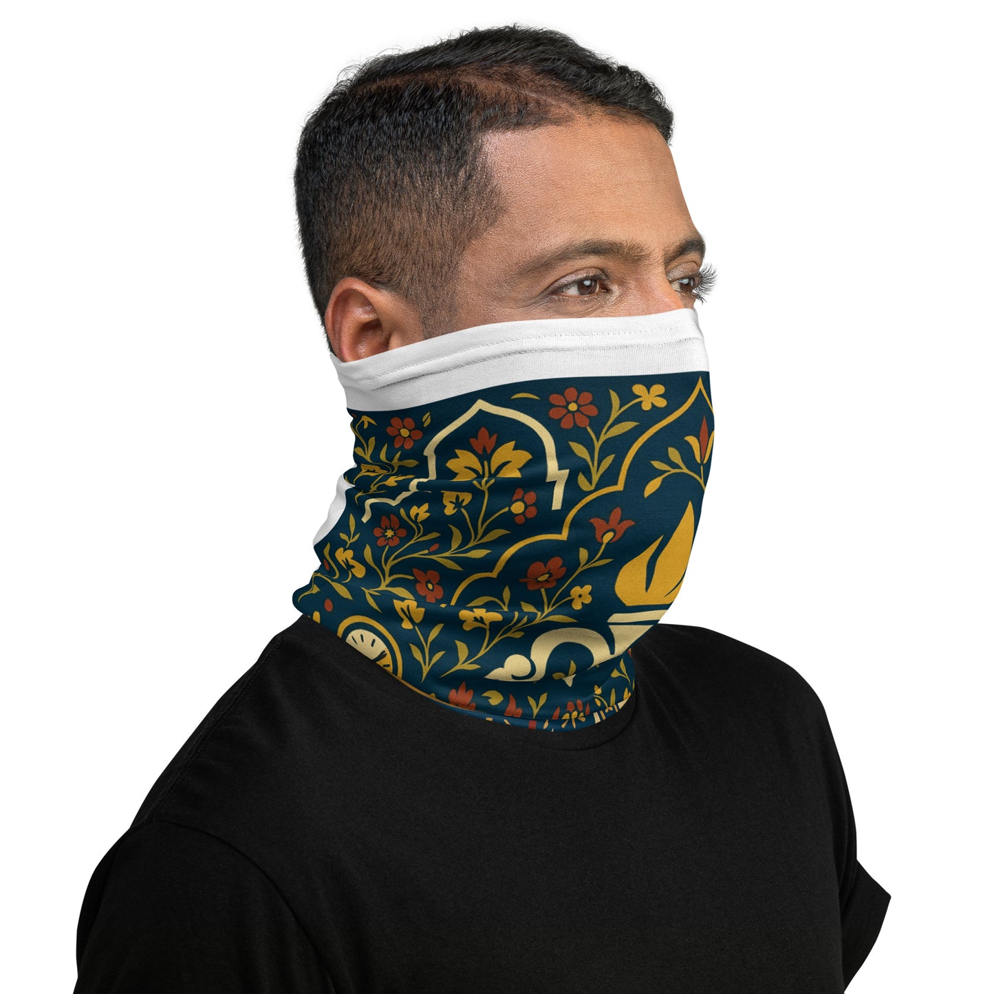Man wearing a patterned neck gaiter on a white background