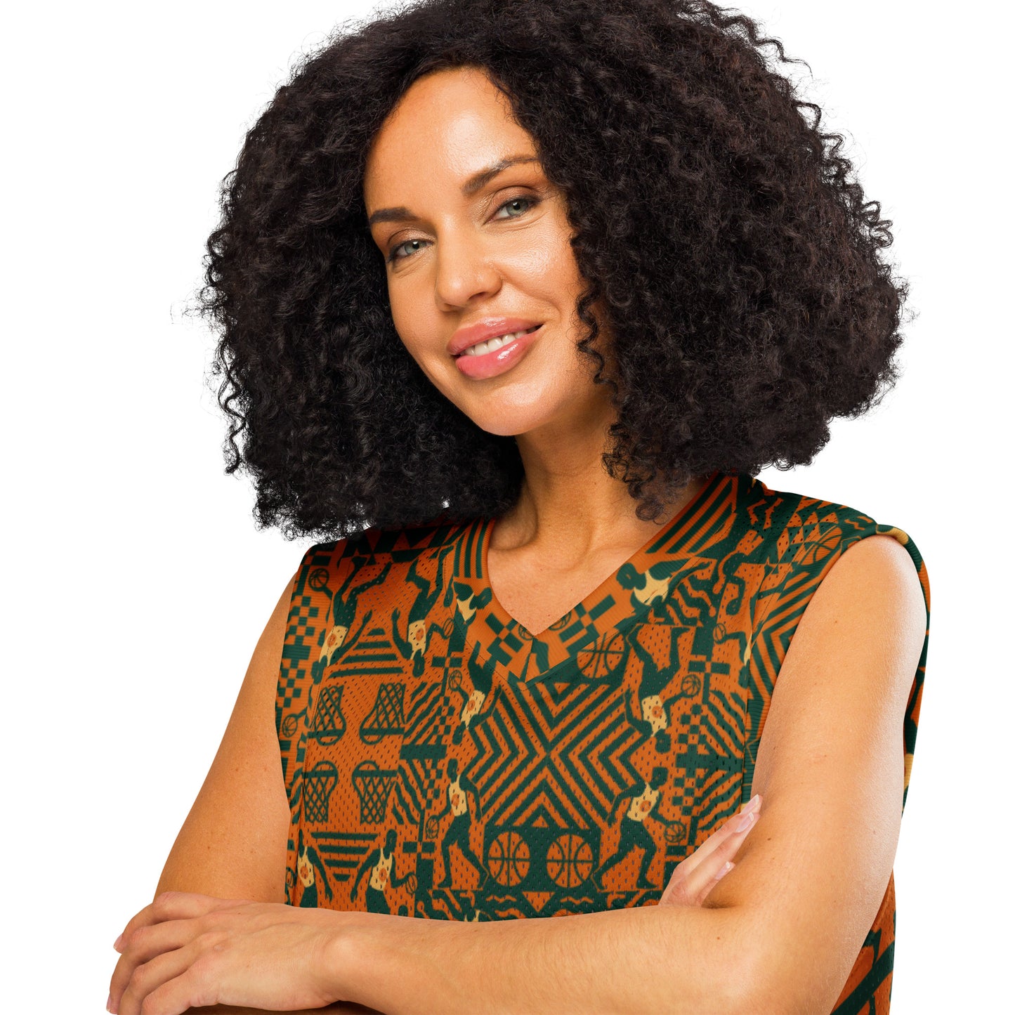 Woman wearing a sleeveless top with a geometric pattern on a white background