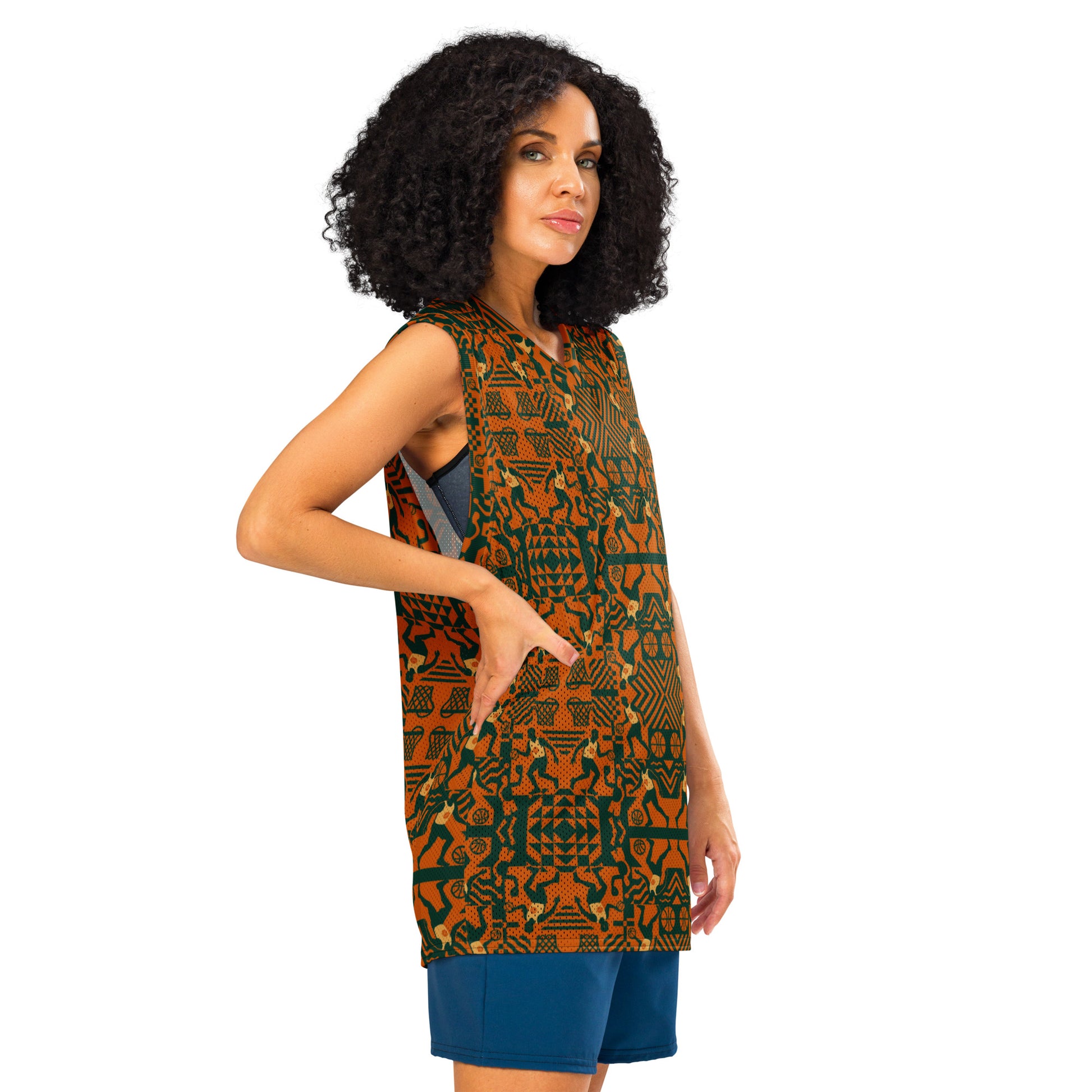 Woman wearing a patterned dress on a white background