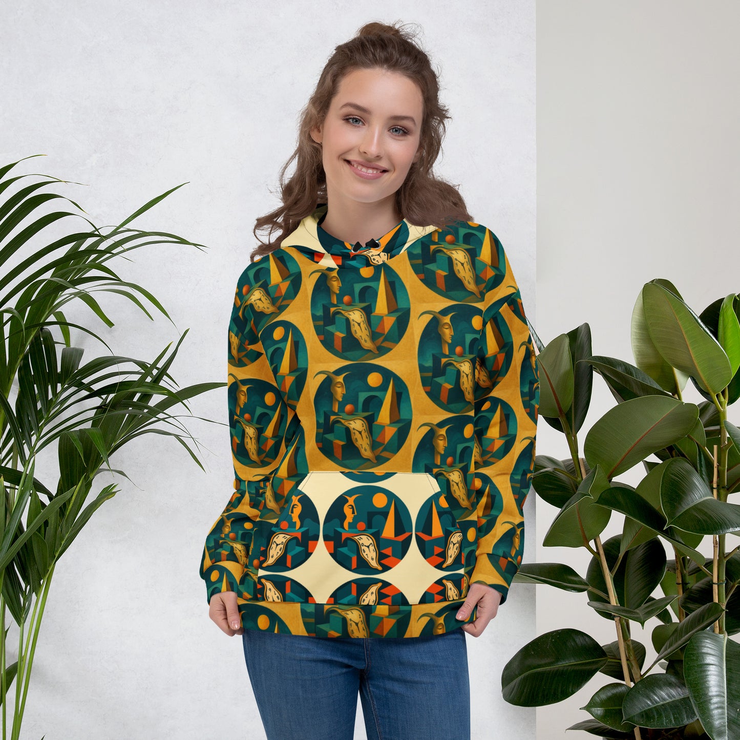 Woman wearing a patterned sweater standing between two plants against a white wall