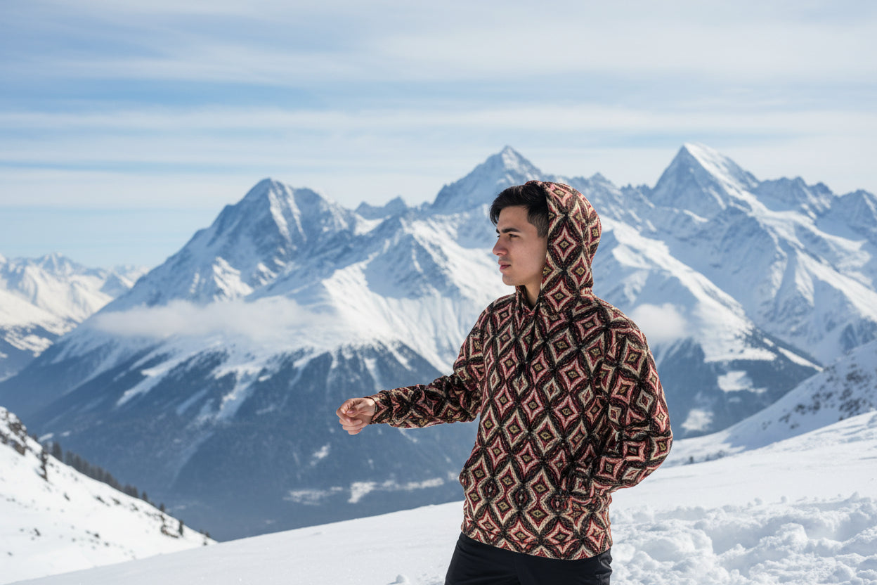Patterned jacket with a geometric design on a white background