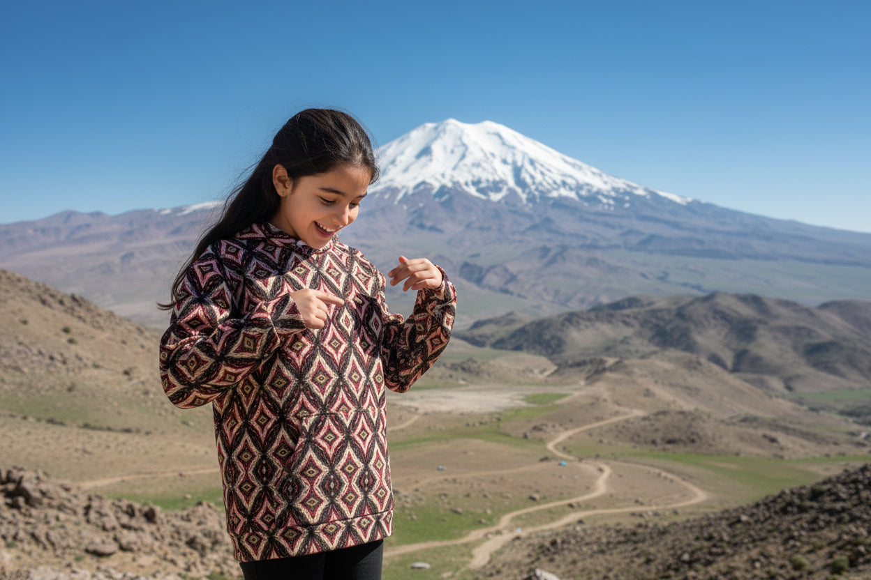 Patterned shirt with a geometric design on a white background