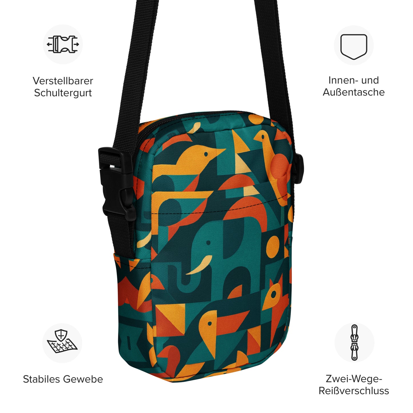 Multicolored patterned bag with animal designs on a white background