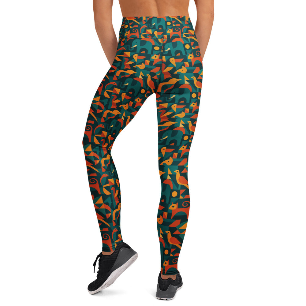 Colorful patterned leggings worn by a person on a white background