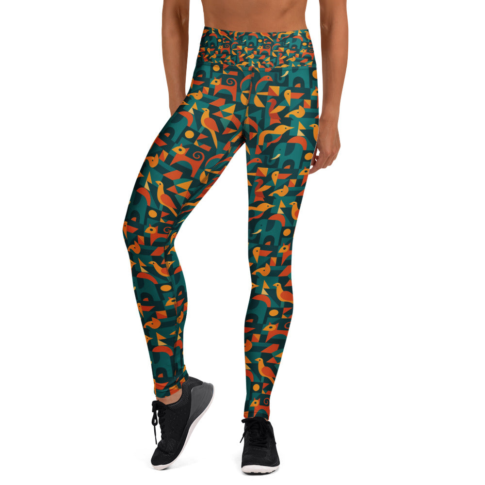 Leggings with a colorful abstract pattern worn by a person on a white background