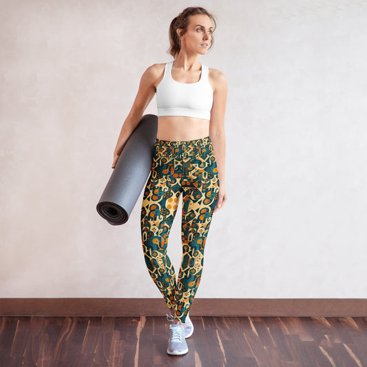A woman stands in a studio wearing high-waisted leggings with an intricate gold, green, and brown pattern, a white sports bra, and white sneakers, while holding a rolled-up gray yoga mat.