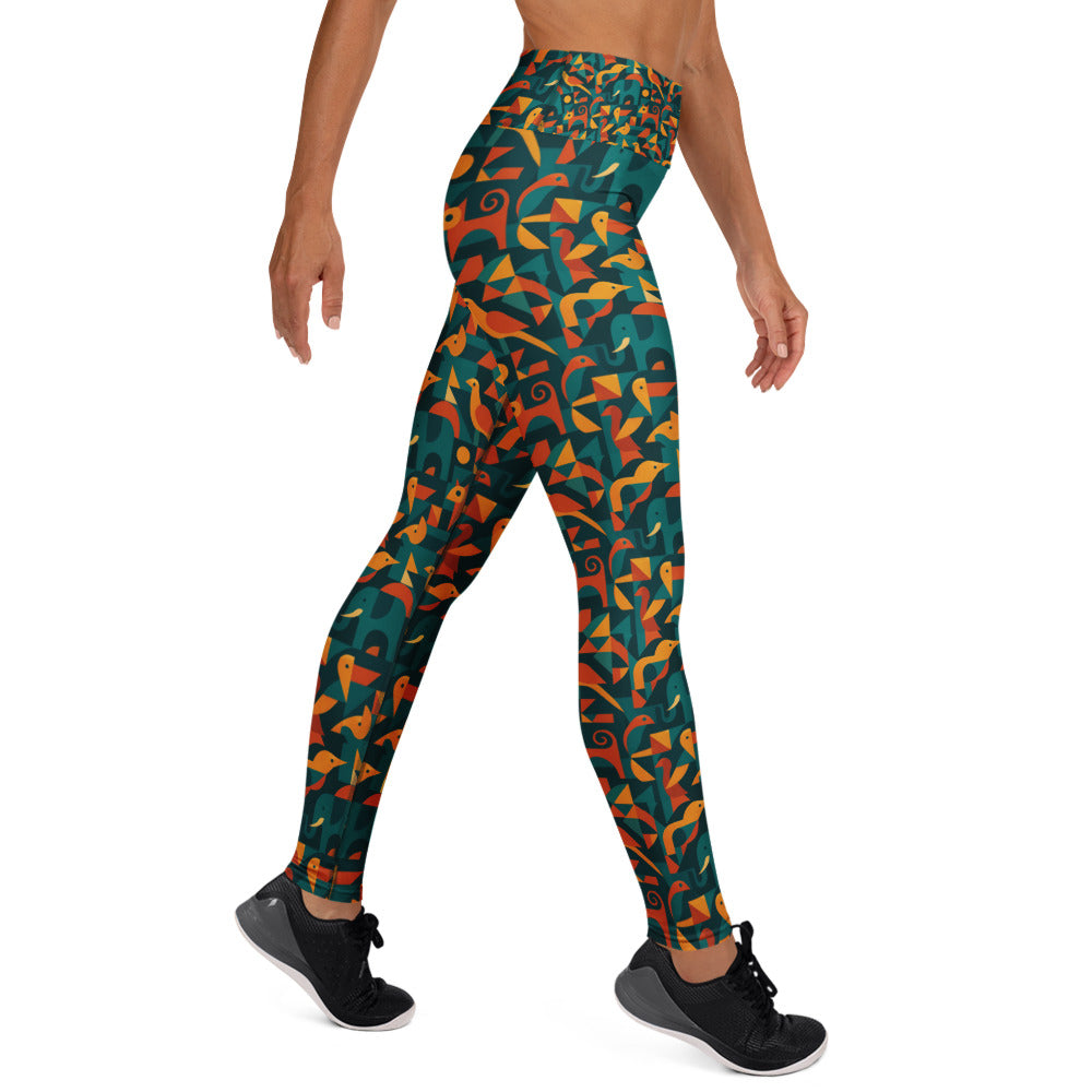 Colorful patterned leggings worn by a person on a white background