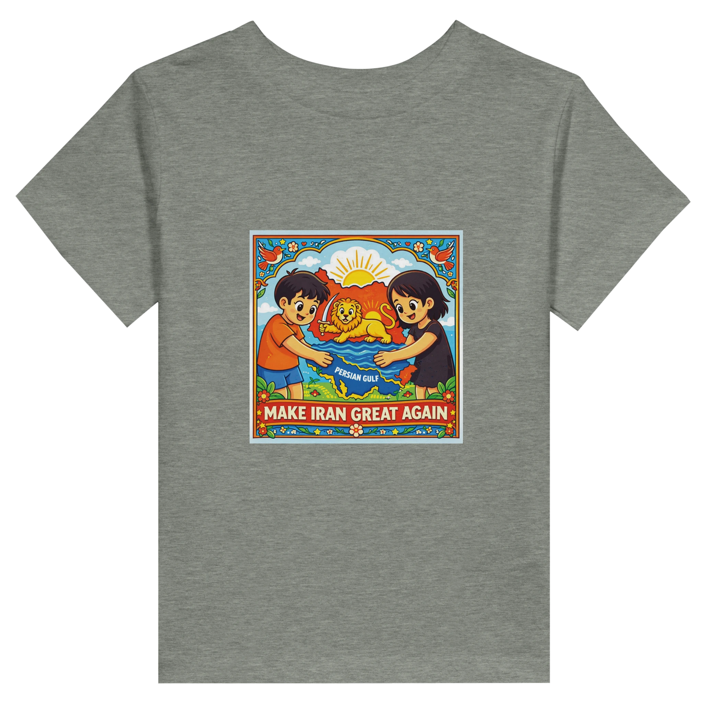 Gray t-shirt with a colorful graphic of two children holding a lion and 'Make Iran Great Again' text on a white background.