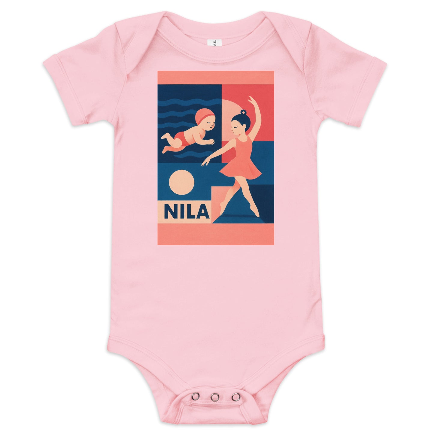 Pink baby onesie with a graphic design of a girl playing in water and text 'NILA' on a white background.