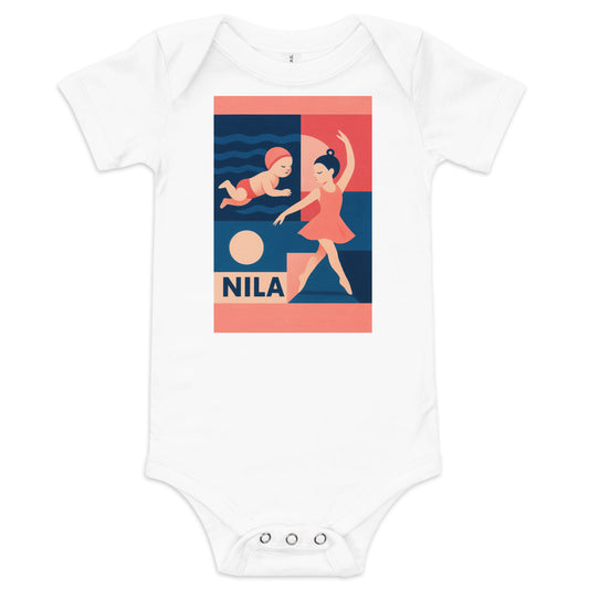 White baby onesie with a colorful graphic of a woman and child in a swimsuit, and the word 'Nila'.