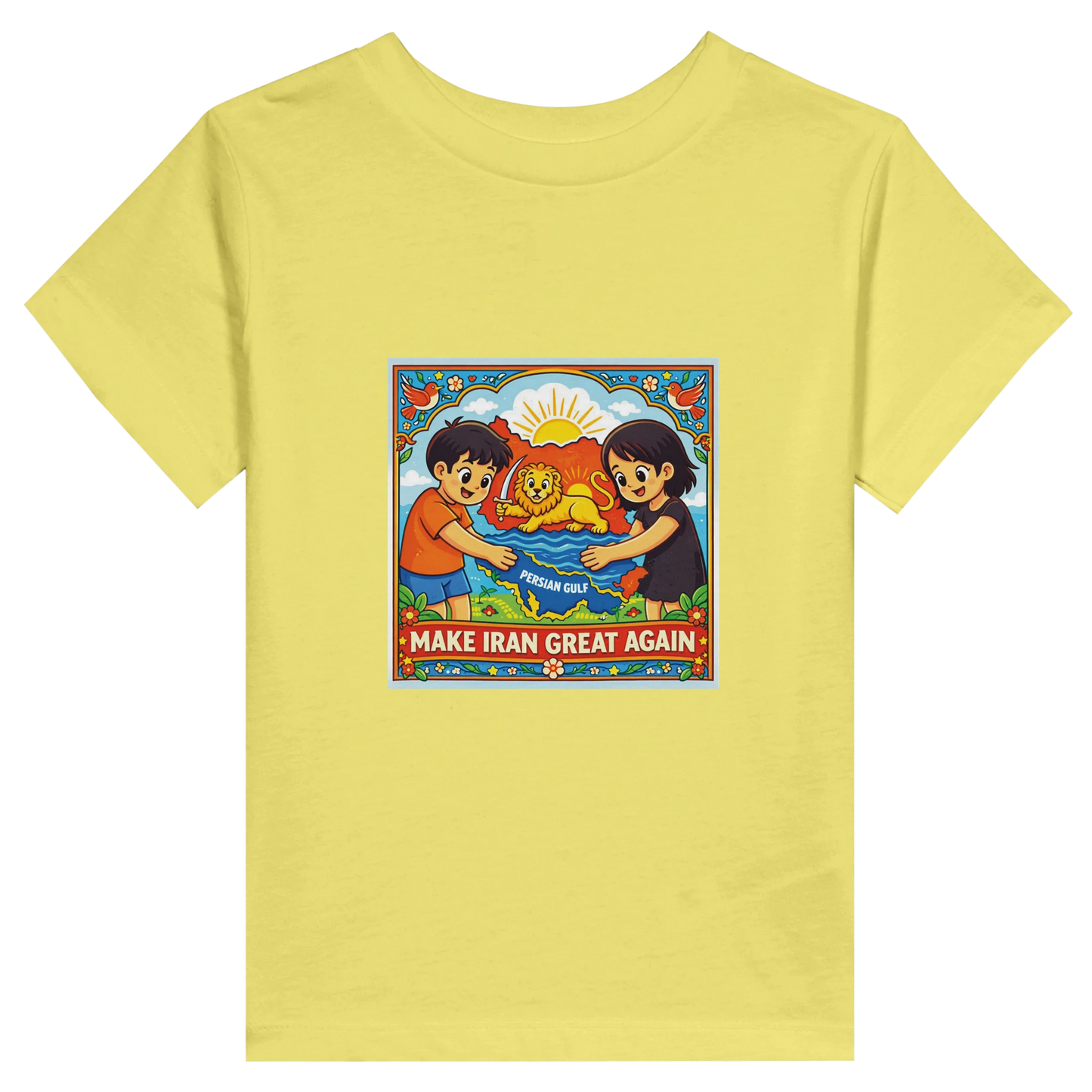 Yellow t-shirt with a graphic design featuring two children and text on a white background