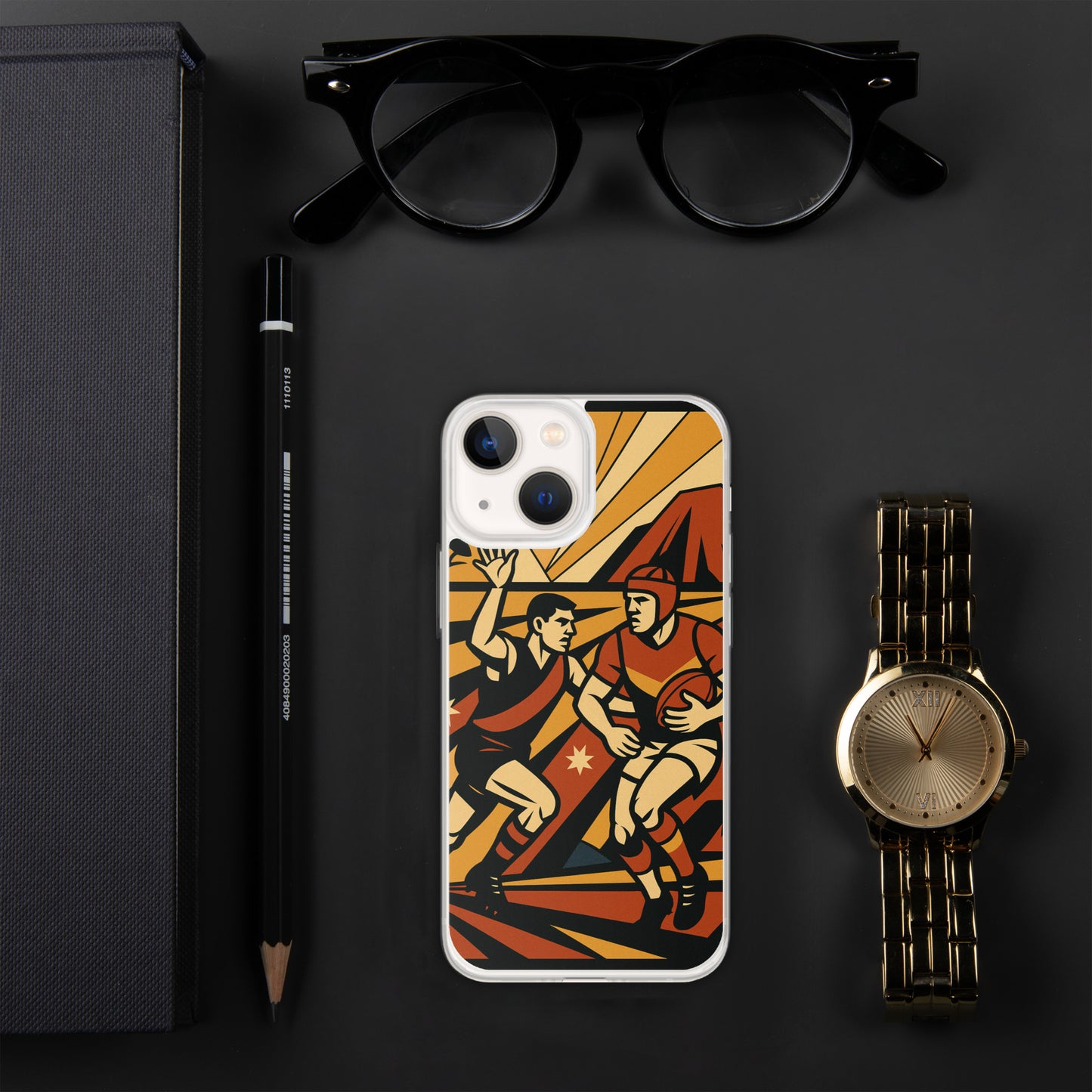 Phone case with sports design on a dark surface with glasses, pen, and watch.