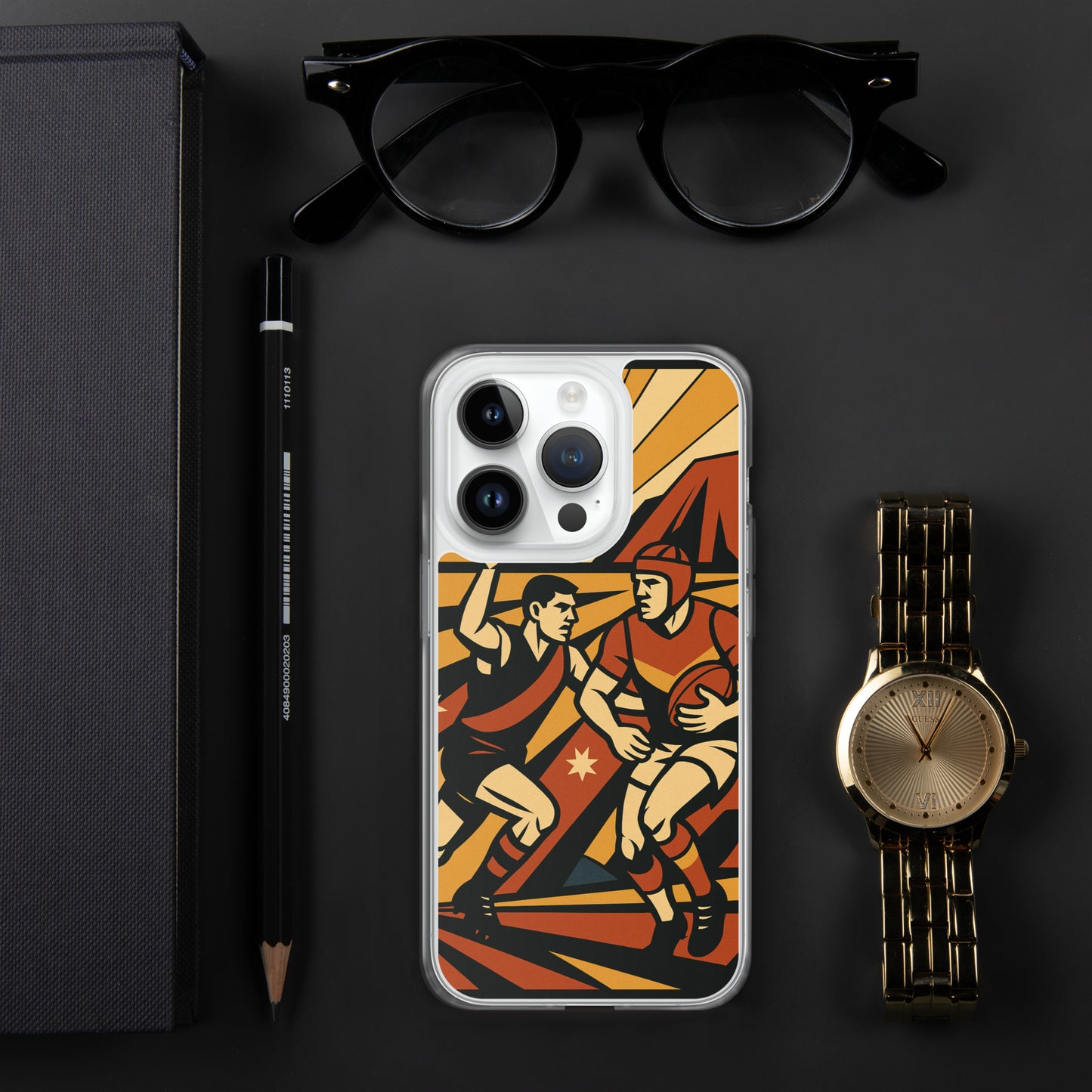 Phone case with sports design on a dark surface with glasses, pen, and watch.