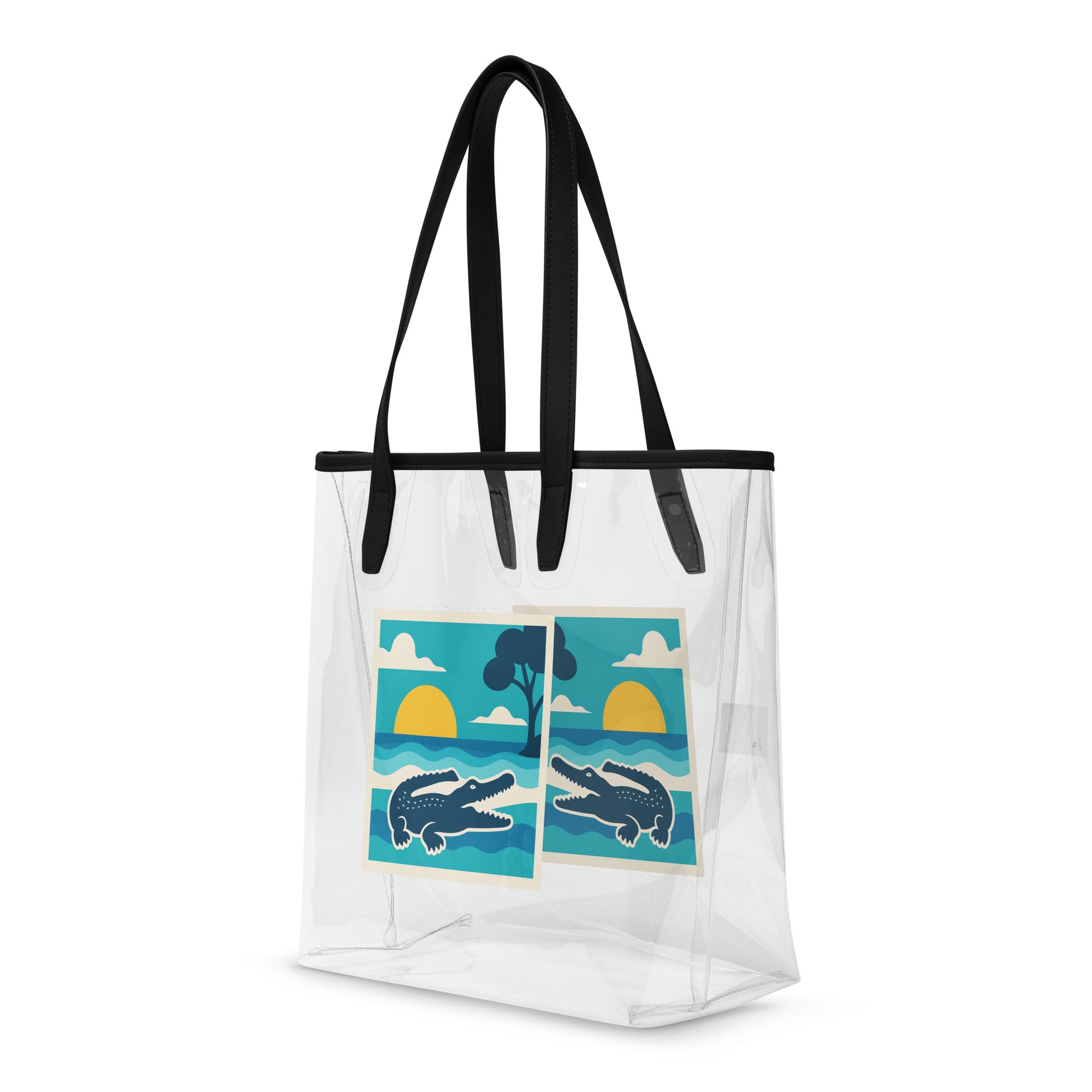 Clear tote bag with black handles featuring a graphic of two crocodiles in water on a white background.