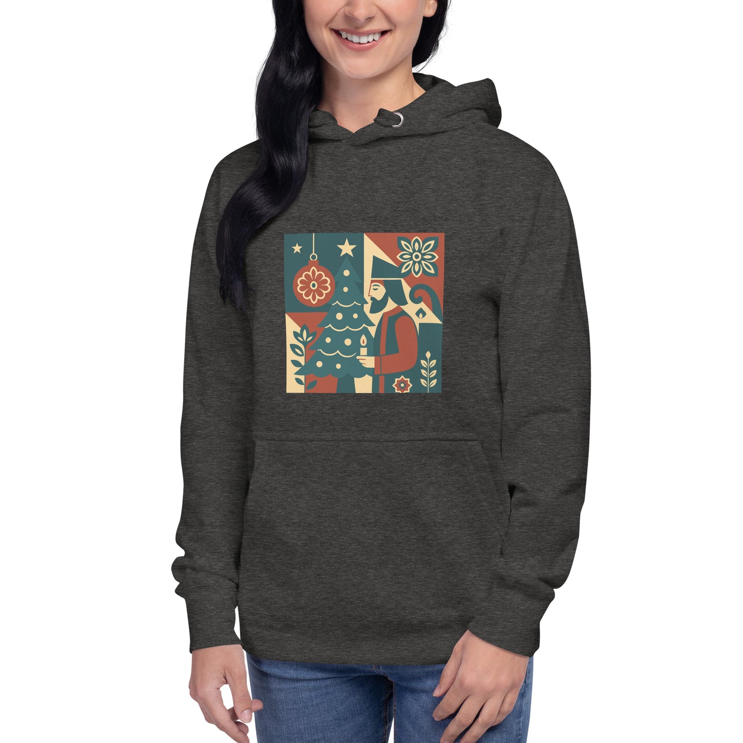 Person wearing a dark gray hoodie with a colorful graphic design on a white background