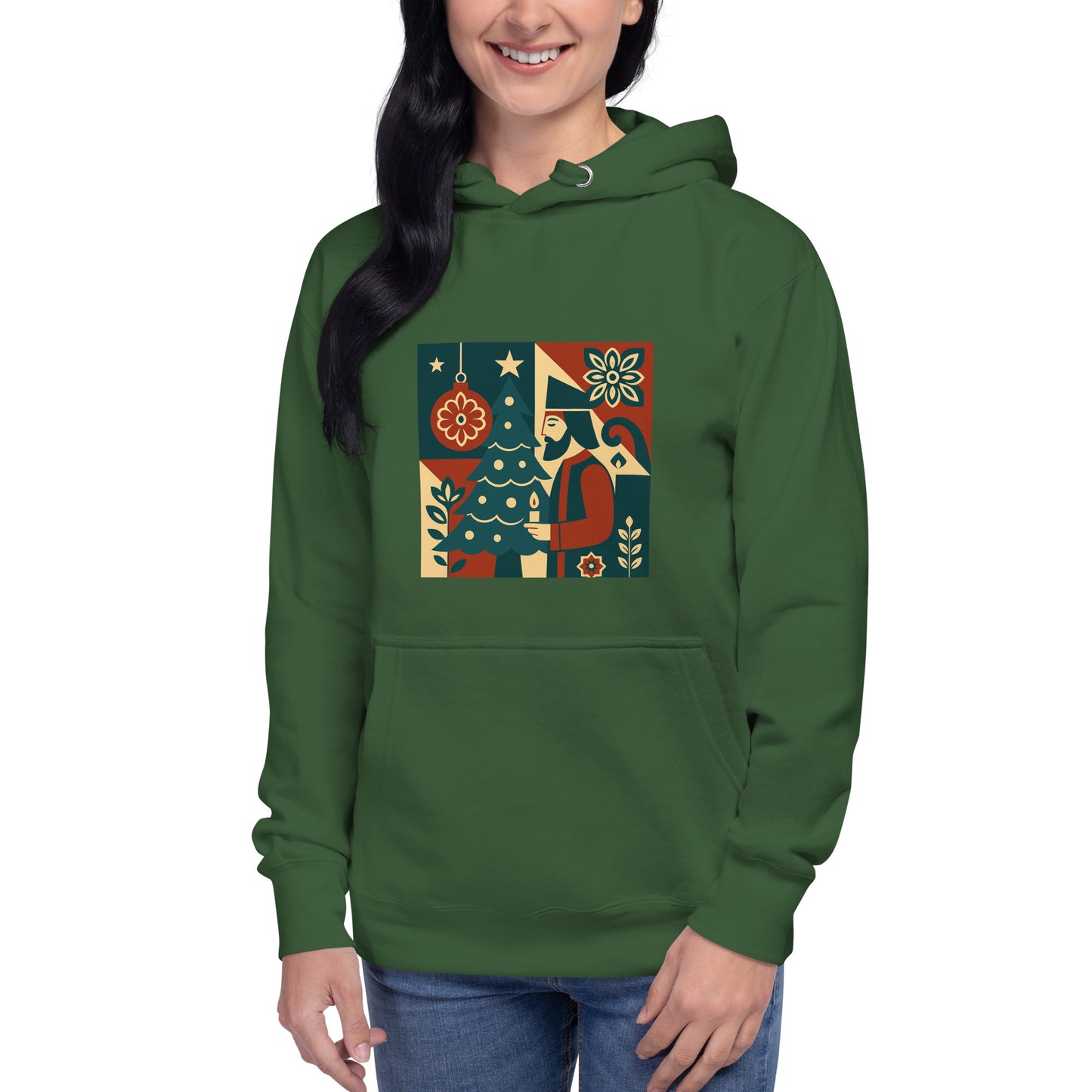 Person wearing a green hoodie with a colorful graphic design on a white background