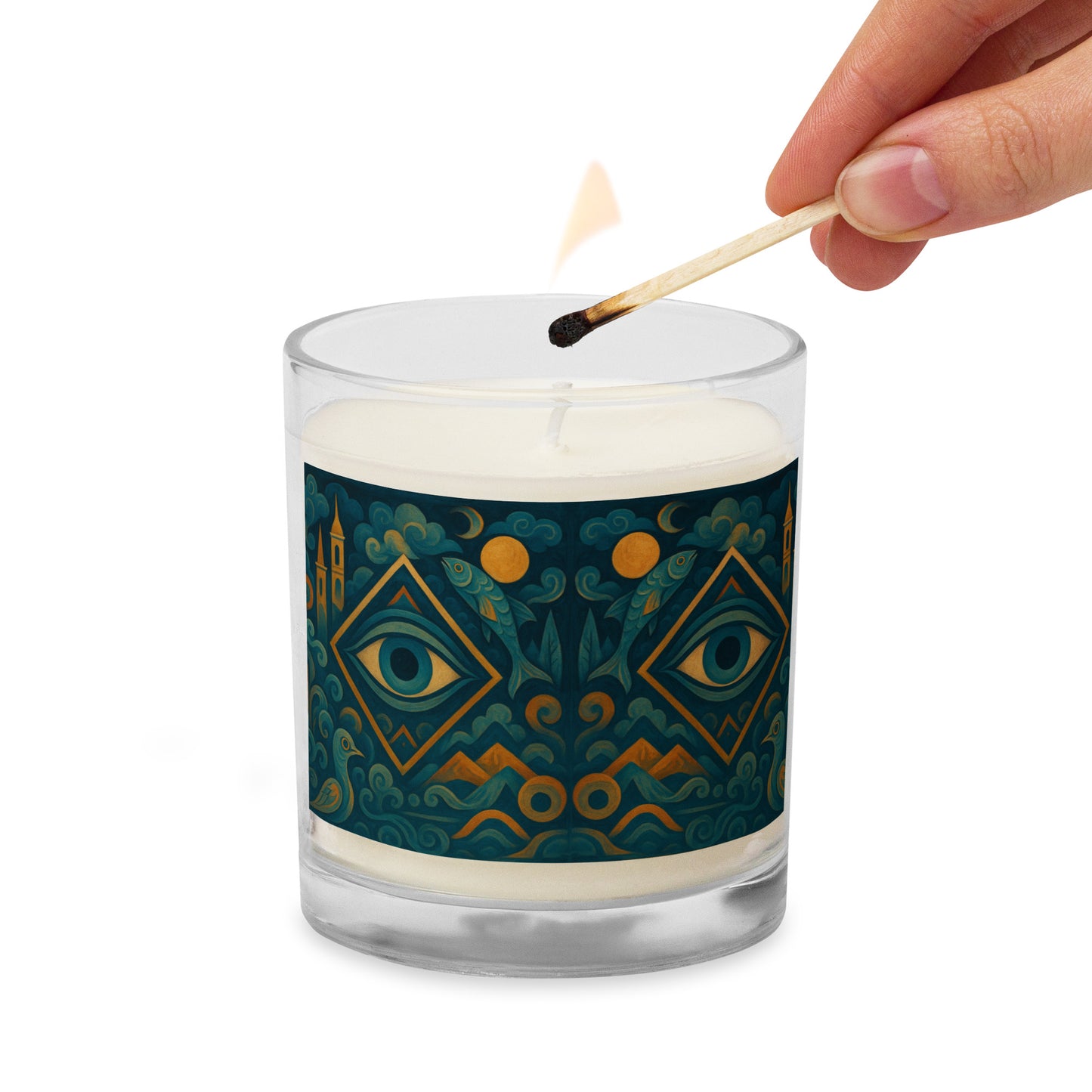 Candle with decorative PERSIAN label being lit by a match on a white background