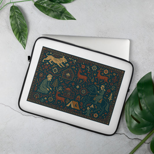 Laptop sleeve with persian-themed design on a light surface with leaves
