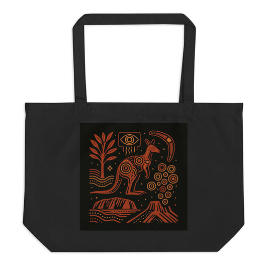 Black tote bag with orange kangaroo design on a white background