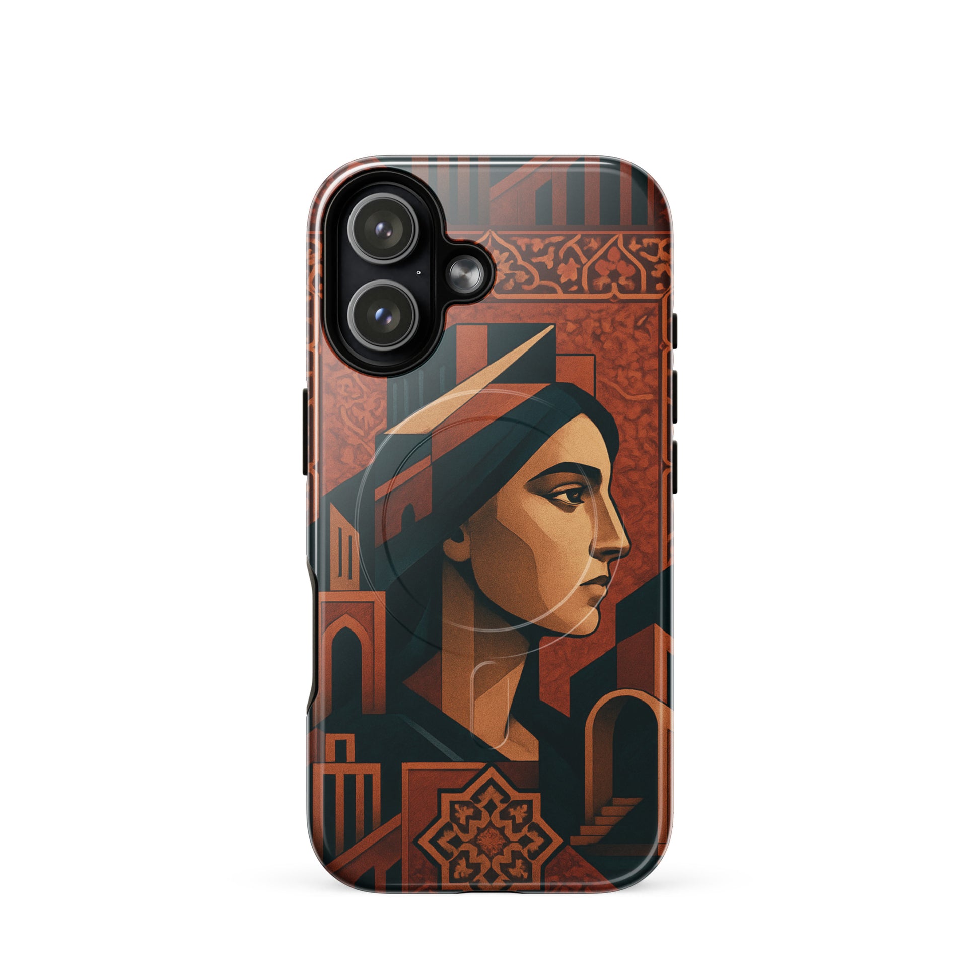 Durable MagSafe iPhone case Persian art, Woman Life Freedom phone cover, tough impact resistant case for women, premium surrealist iPhone 15 case.