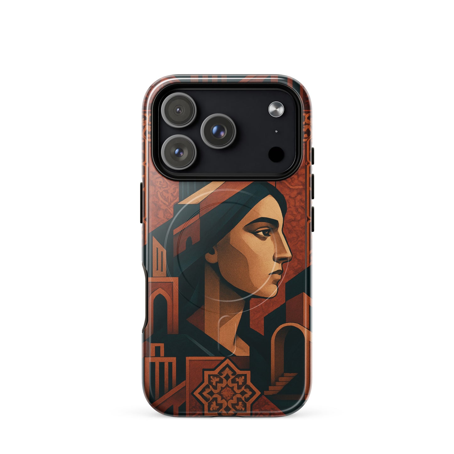 Phone case with artistic design of a face and geometric patterns on a white background