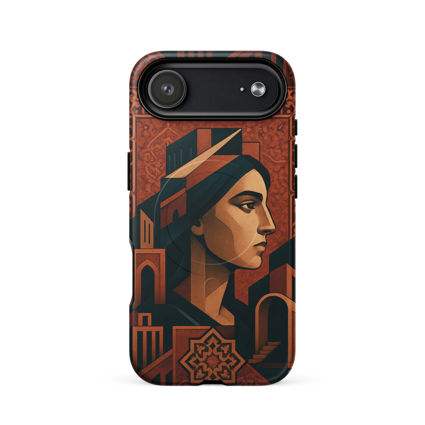 Phone case with artistic design of a face and geometric patterns on a white background
