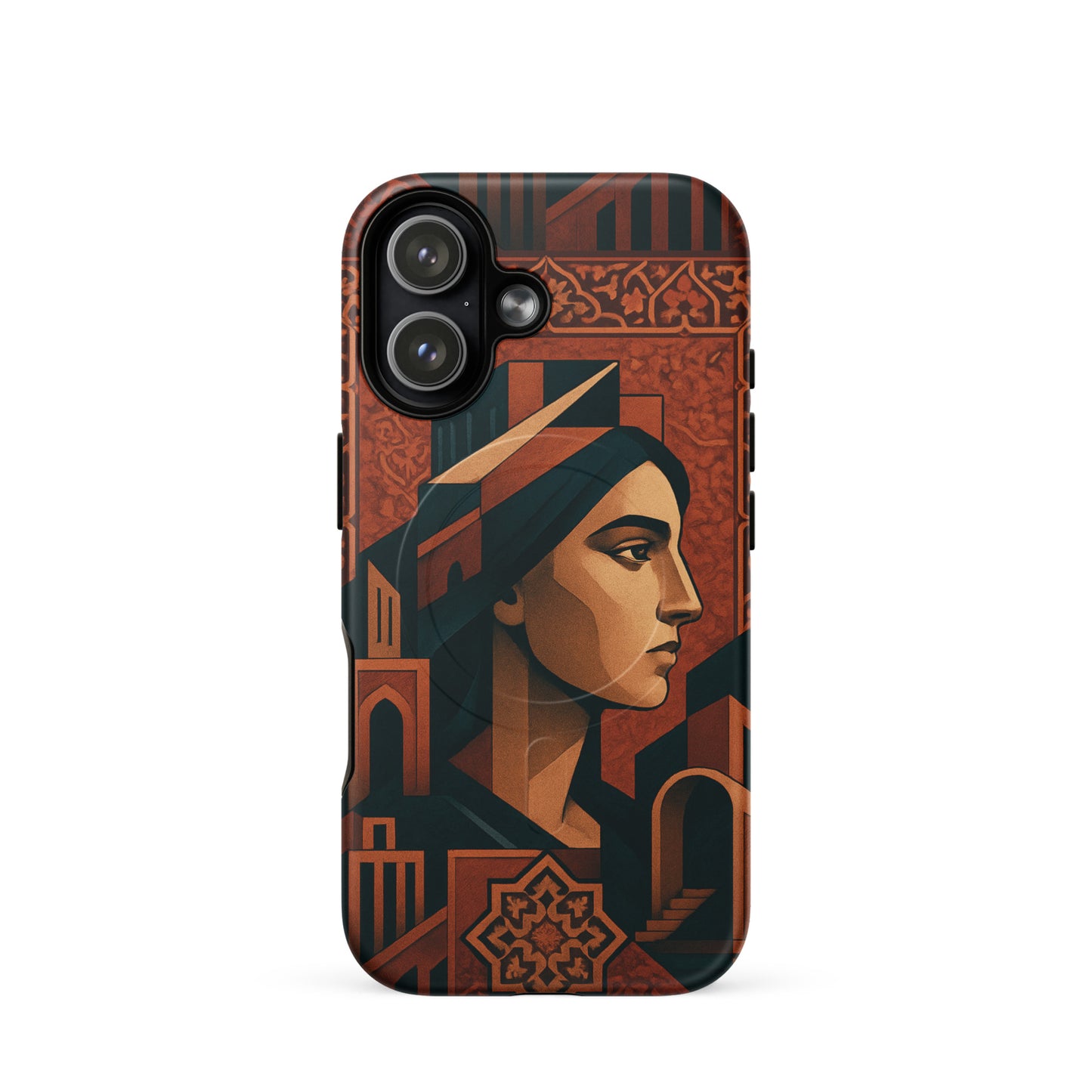 Phone case with artistic design of a face and geometric patterns on a white background