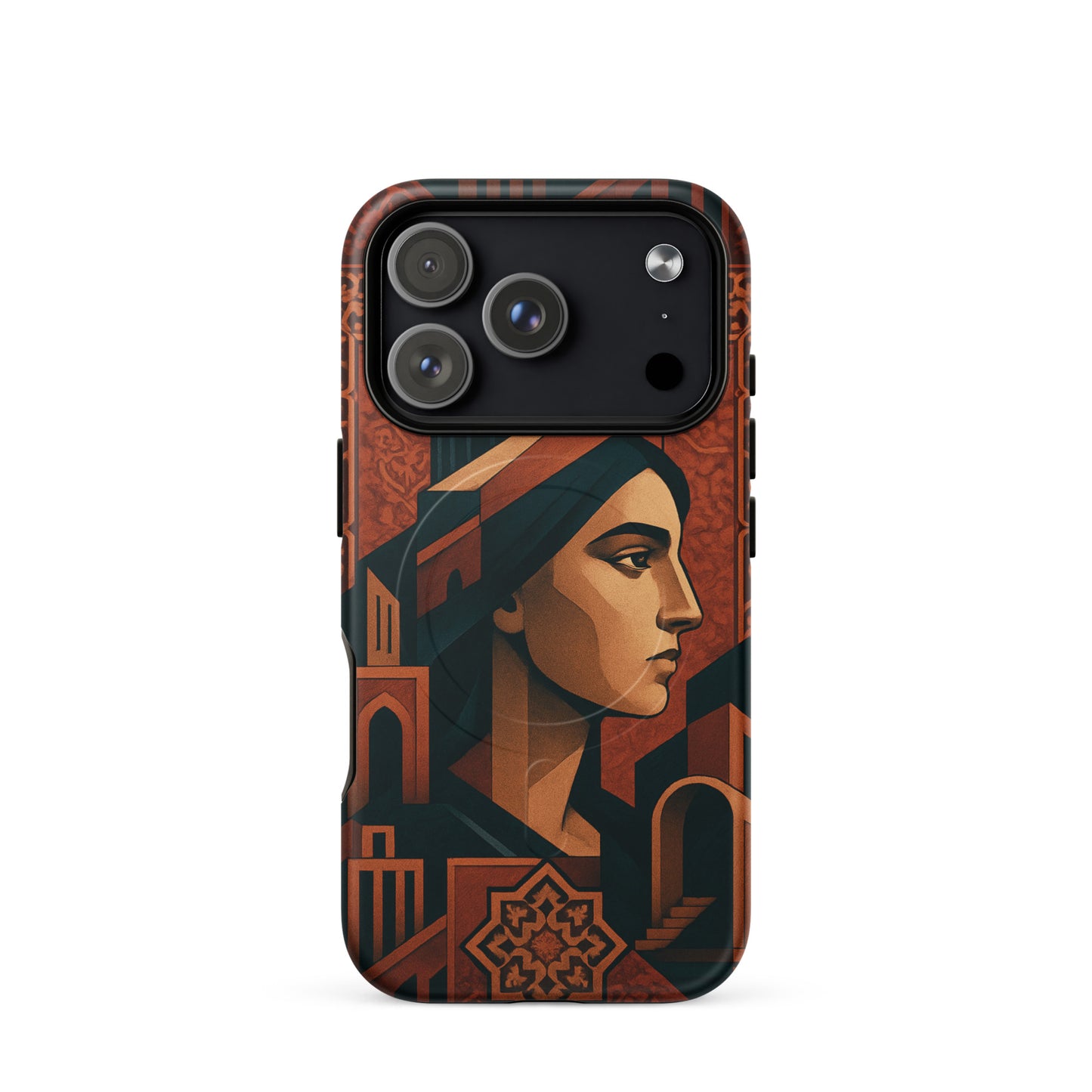 Phone case with artistic design of a woman's face and geometric patterns on a white background