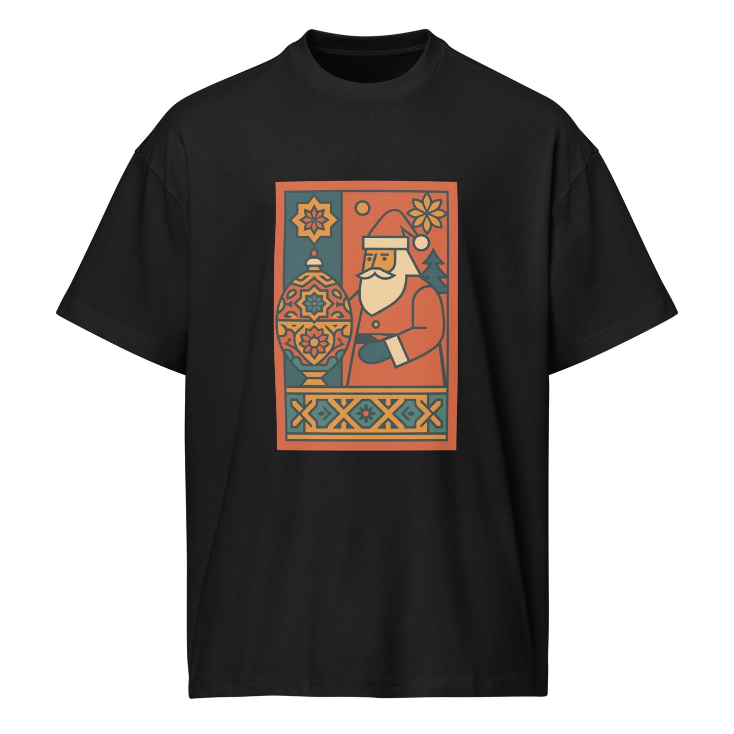 Black t-shirt with a colorful graphic of a Santa Claus design on a white background