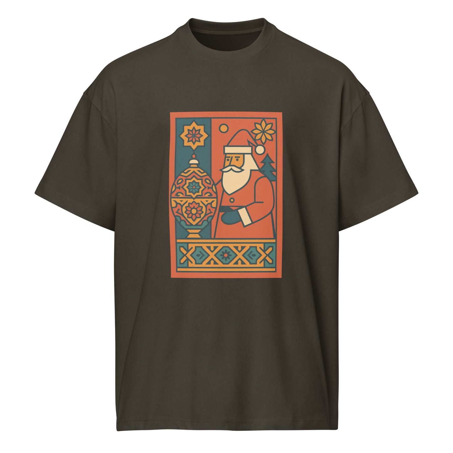 Dark gray t-shirt with a colorful graphic of Santa Claus on a white background