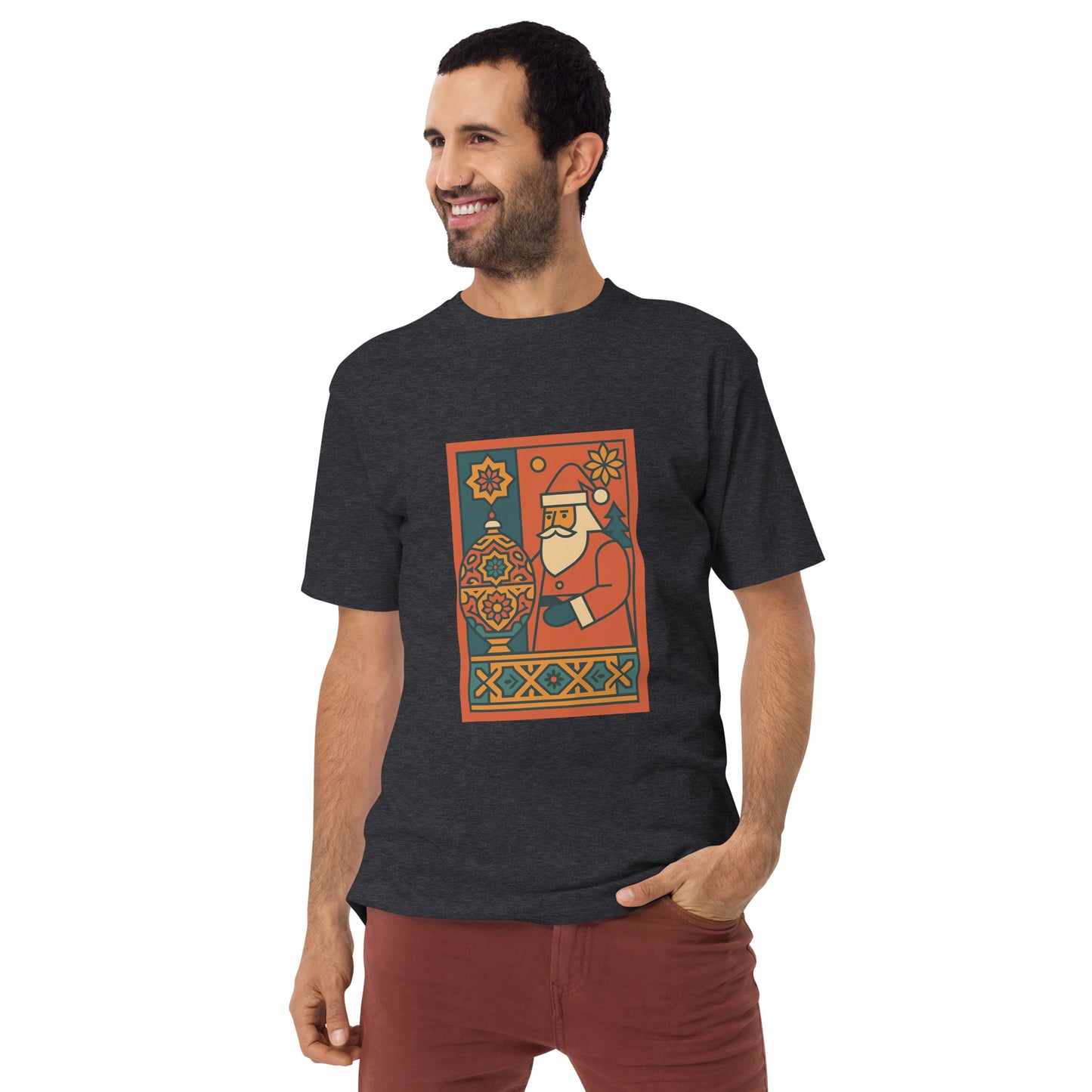 Man wearing a black t-shirt with a colorful graphic design on a white background