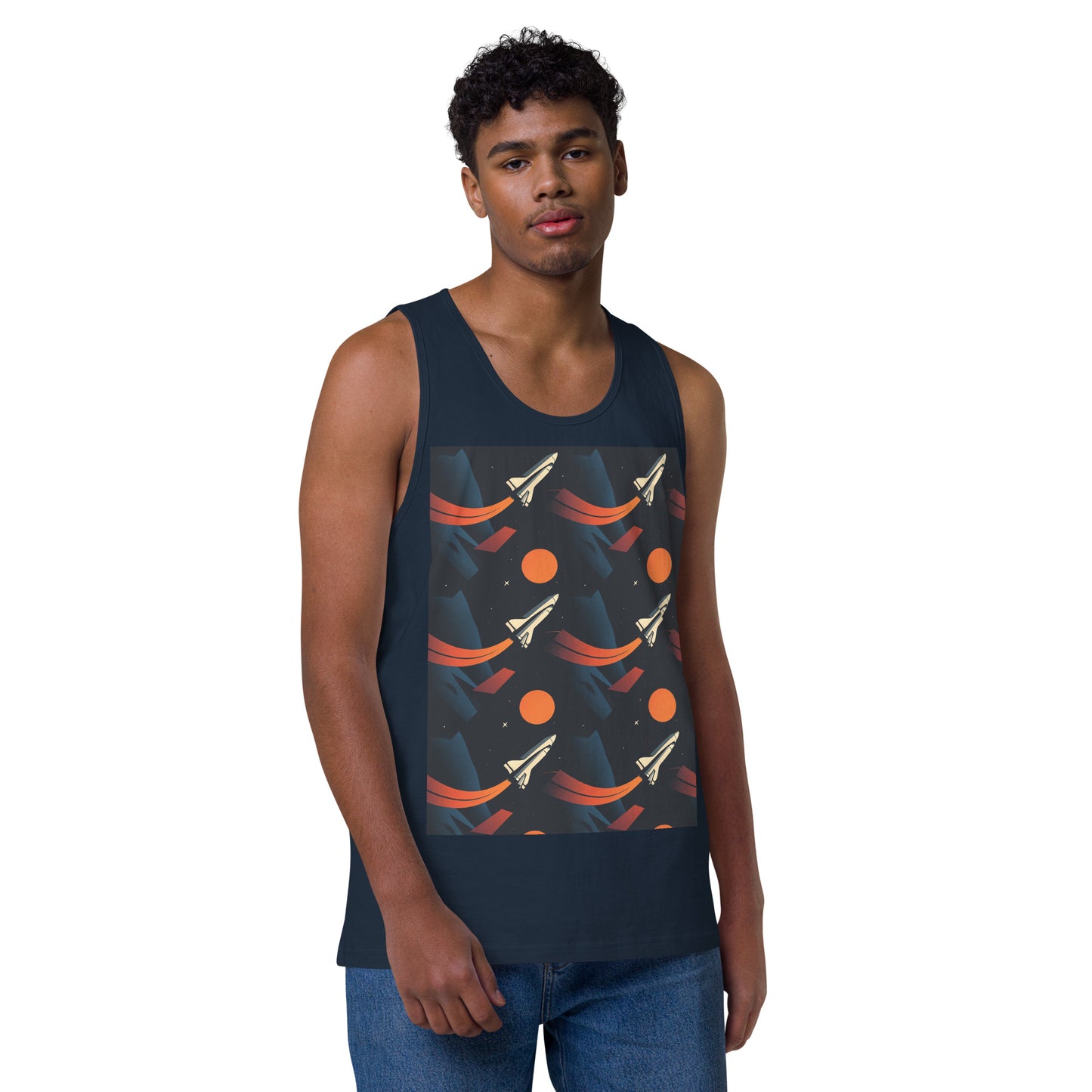 Person wearing a navy tank top with space-themed design on a white background