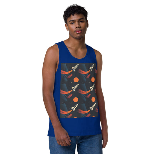 Person wearing a blue tank top with a space-themed design on a white background