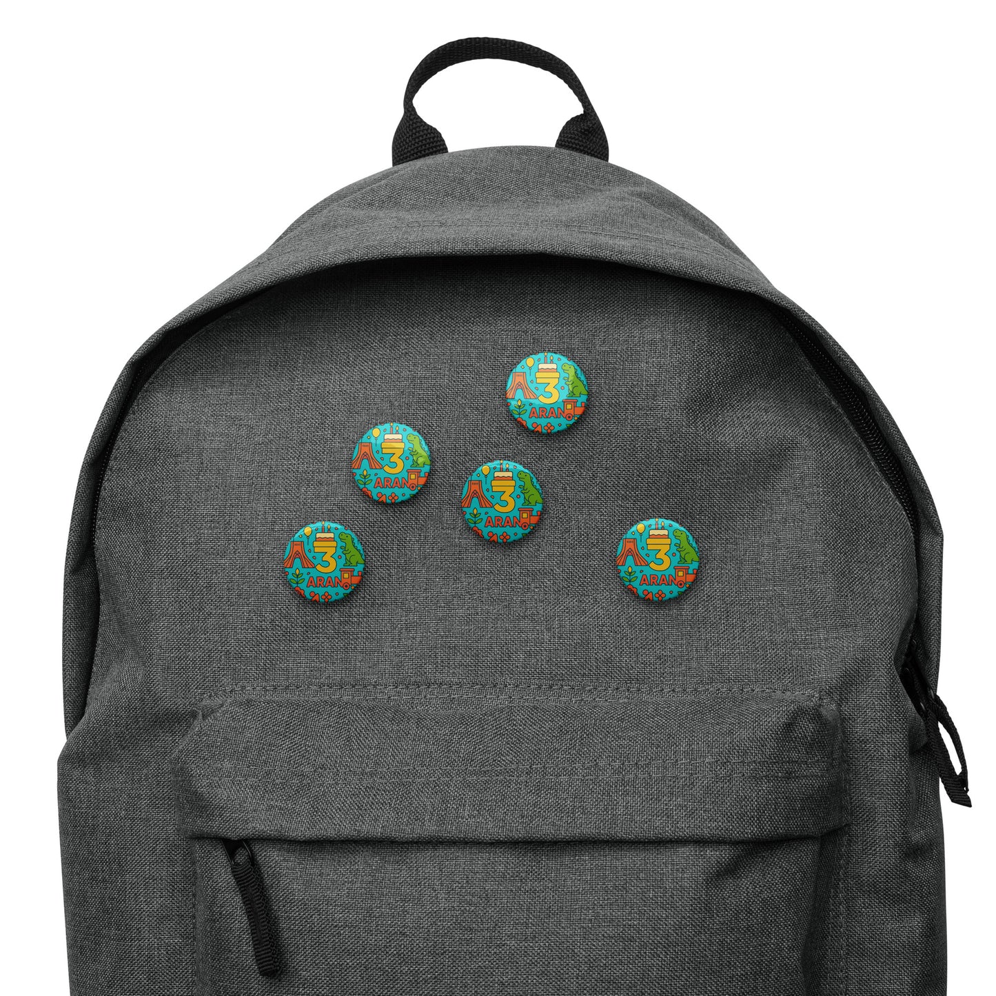 Gray backpack with five colorful buttons on a white background