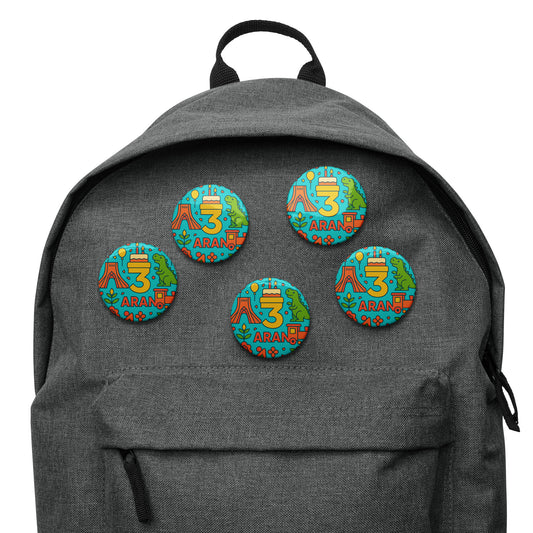 Gray backpack with colorful embroidered patches on a white background