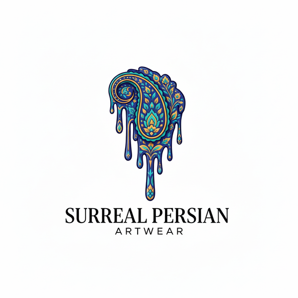 Logo for Surreal Persian Artwear featuring a colorful, dripping design on a white background.