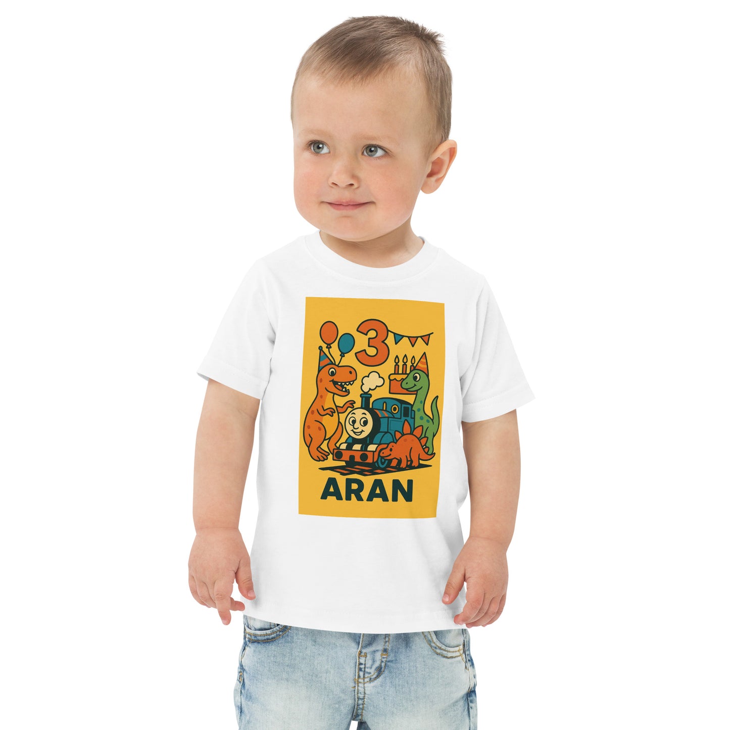 Child wearing a white t-shirt with a colorful dinosaur design and text on a white background