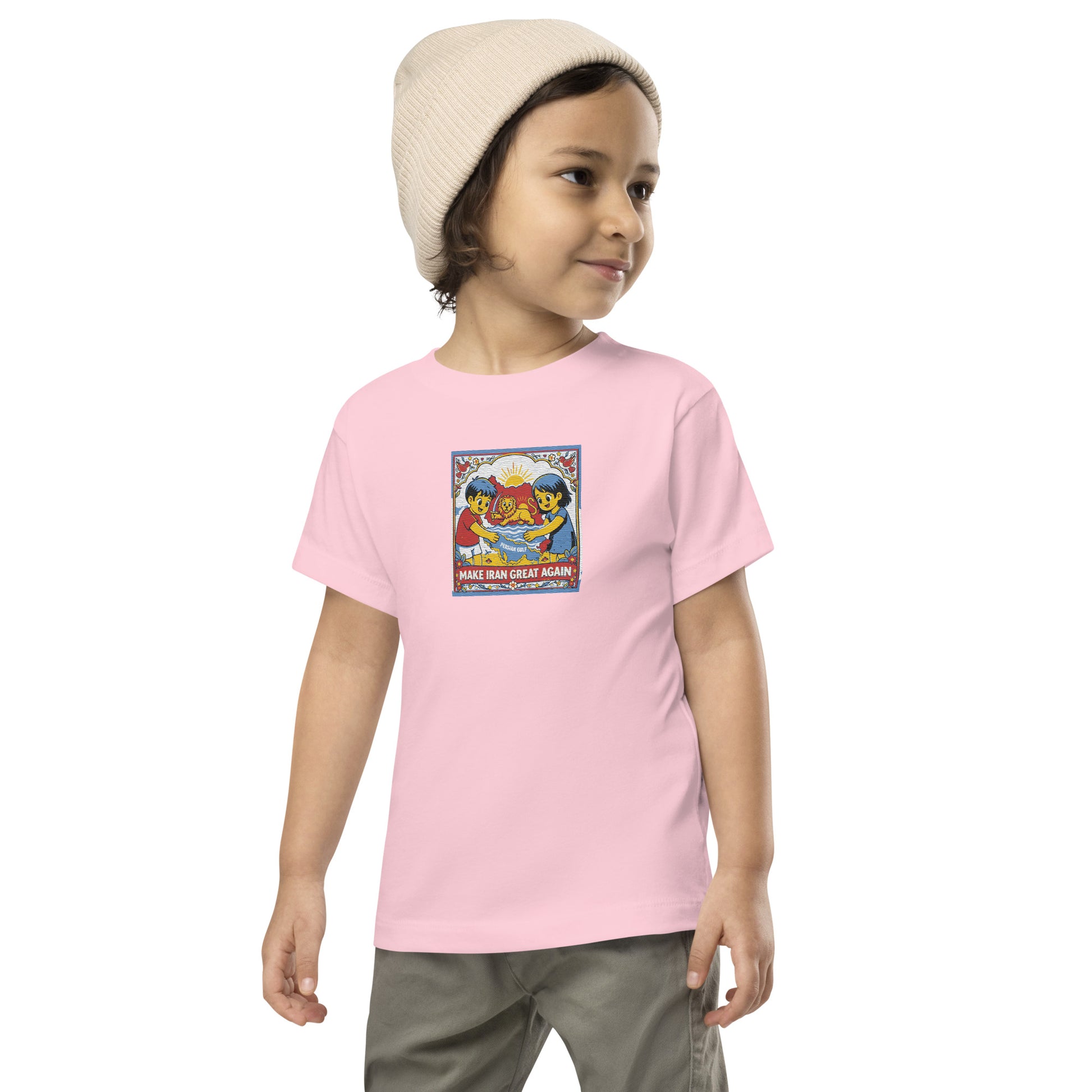 Child wearing a pink t-shirt with a colorful graphic design on a white background
