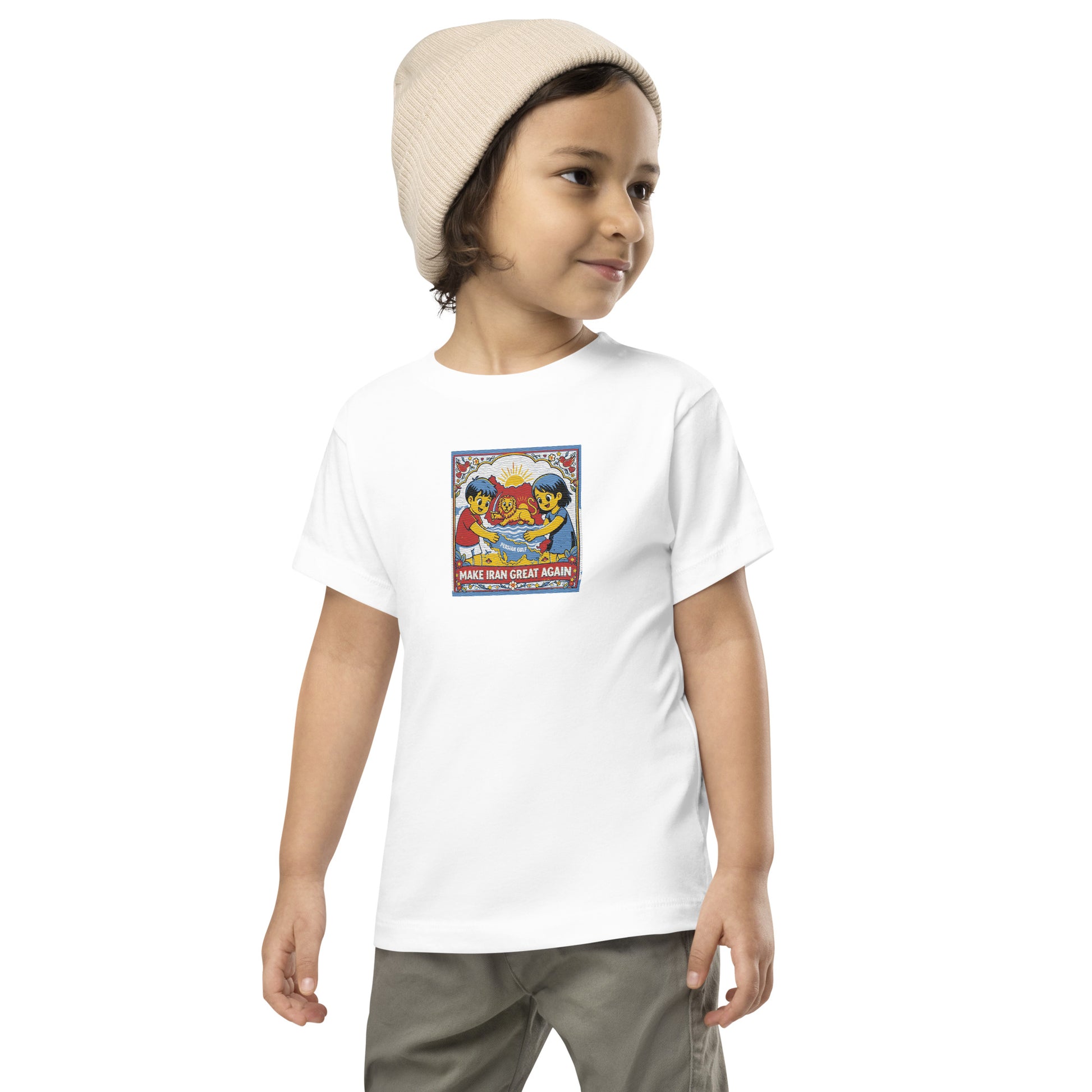 Child wearing a white t-shirt with a colorful graphic design on a white background