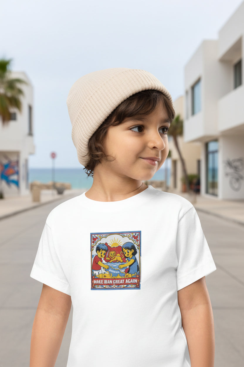 Child wearing a white t-shirt with a colorful graphic and text