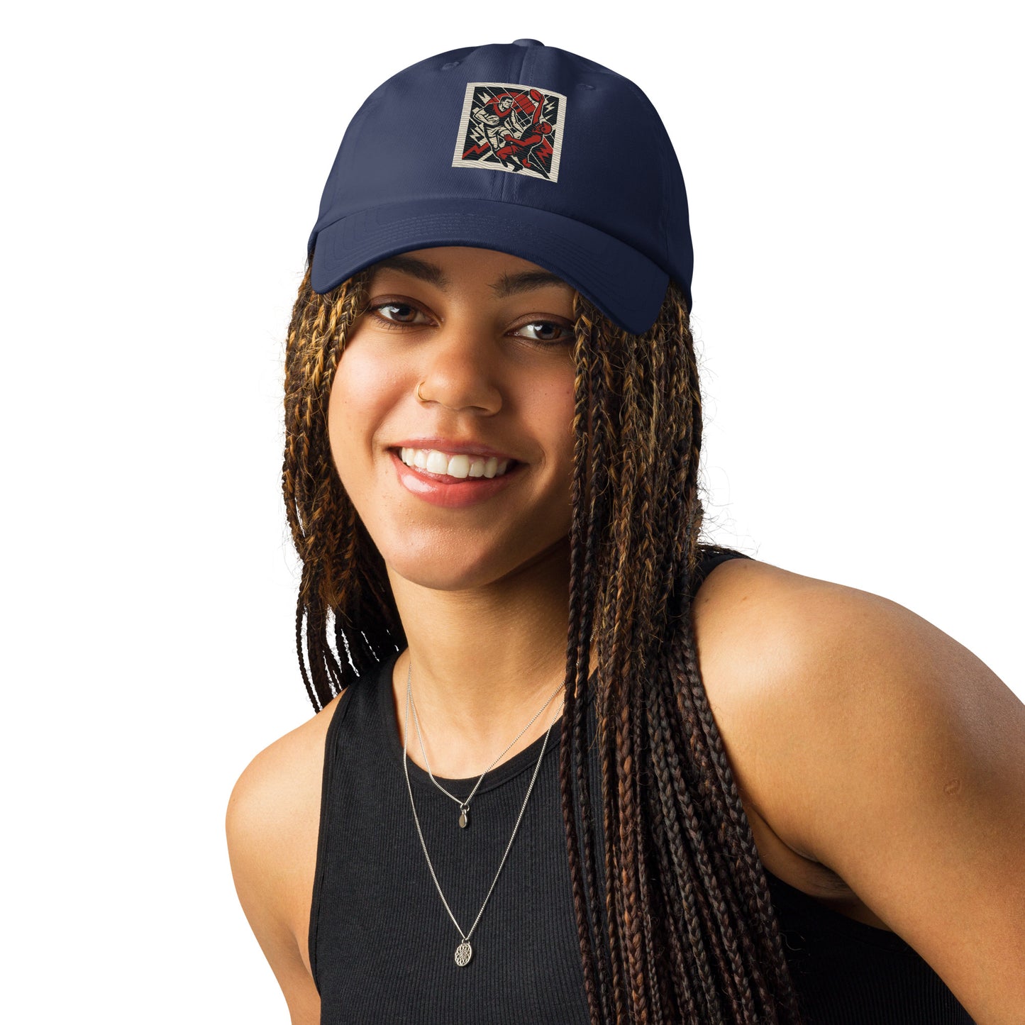 Woman wearing a navy blue cap with a logo on a white background