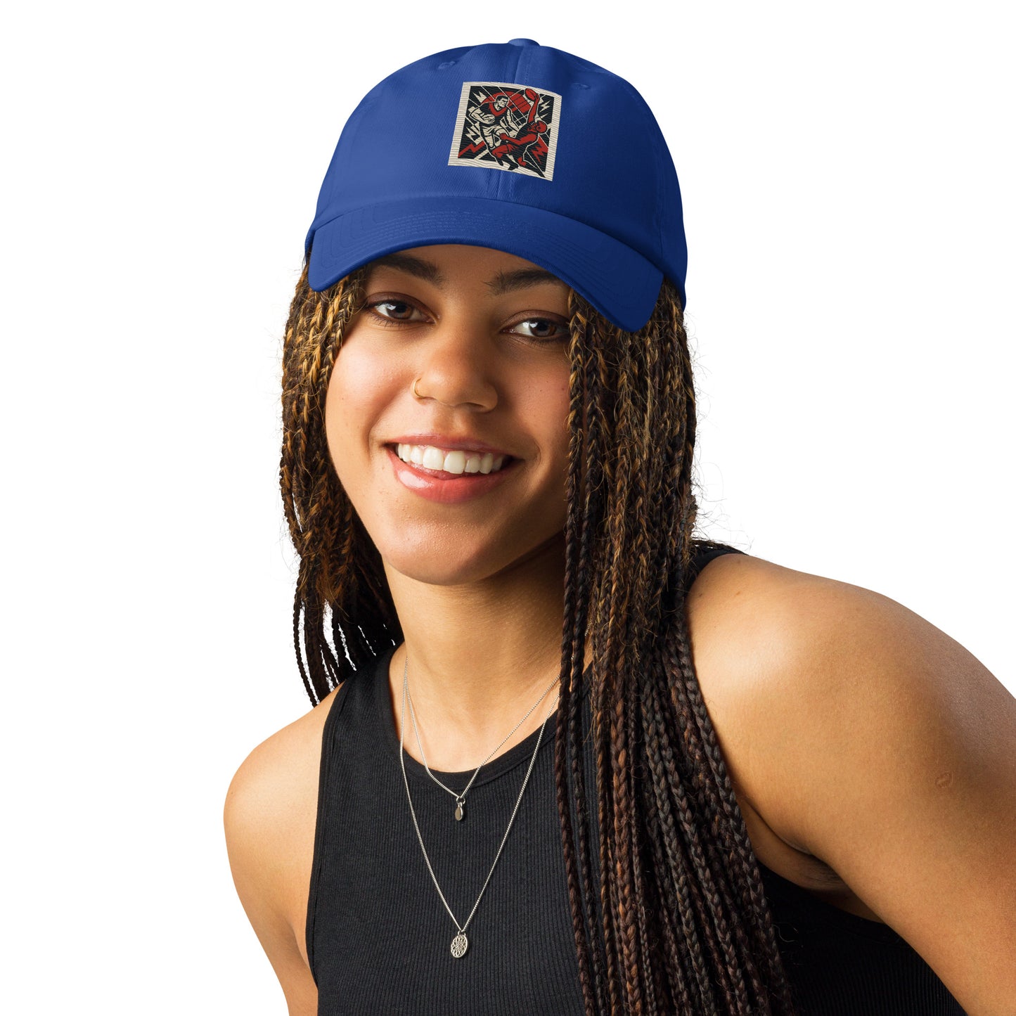 Woman wearing a blue cap with a logo on a white background