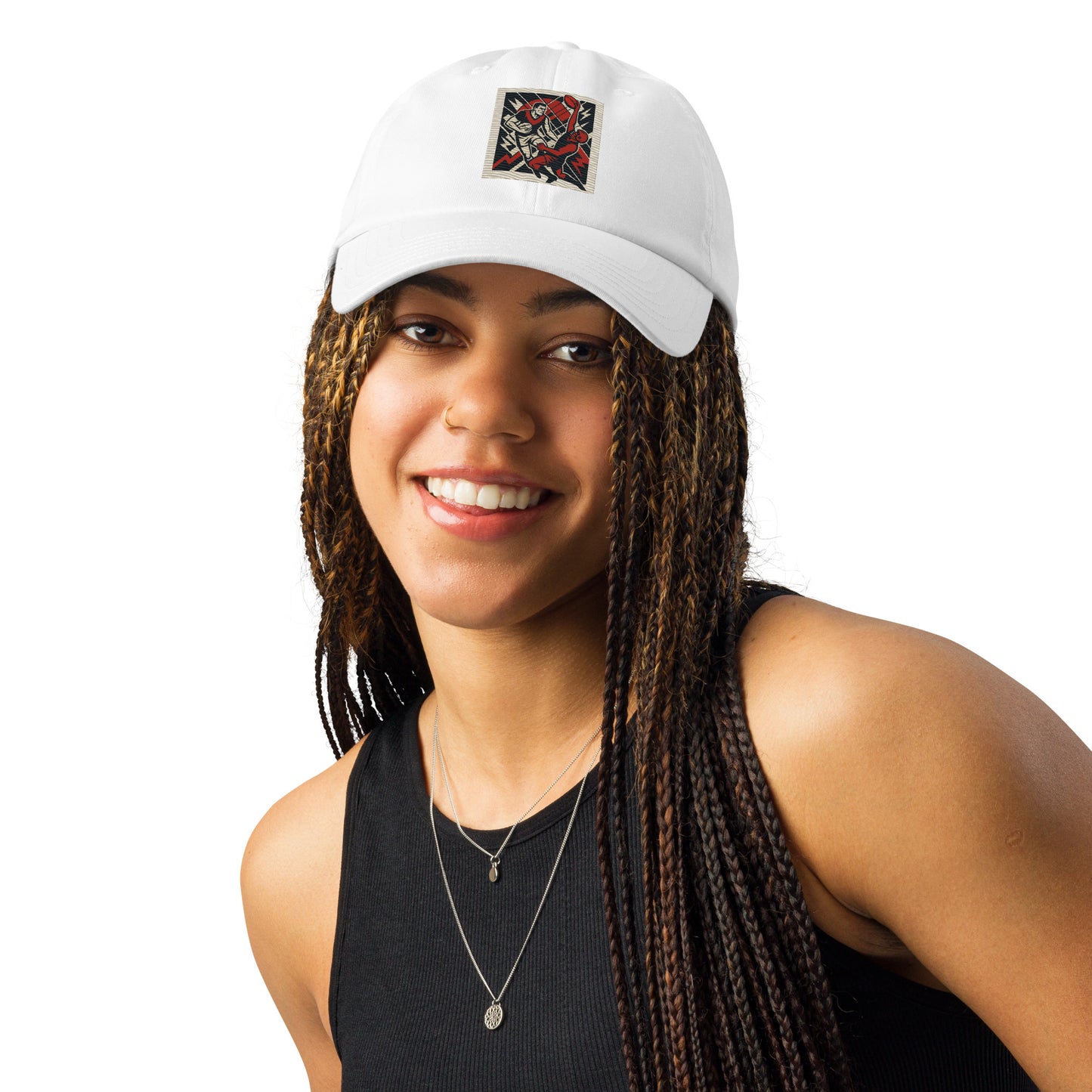 Woman wearing a white cap with a logo on a white background